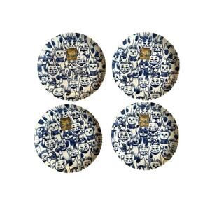 Mino Ware Japanese Ceramics Set of 4 Blue & White Cat Plates New With Tag 8”
